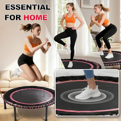 40"/48" Fitness Rebounder Trampoline with 4-Level Adjustable Foam Handle, Quiet and Stable Exercise Trampoline for Kids Adults, Indoor/Outdoor Mini Trampoline - color: Pink