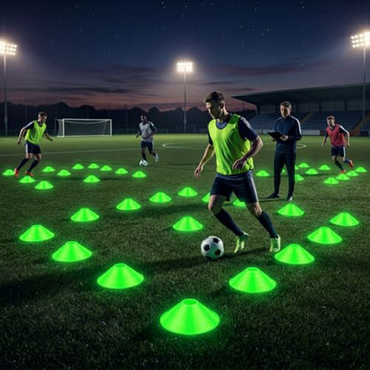 Hiboom Glow in The Dark Football Cones Light up Agility Soccer Cones with Carry Bag for Sports Training Glow in The Dark Games Field Cone Markers Basketball Football Coaching
