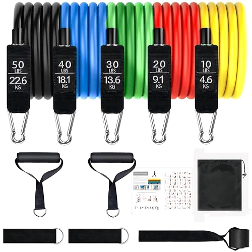 Resistance Bands Set, Exercise Bands, Work Out Bands with Handles, Up to 150lbs, Color Coded Exercise Bands, Exercise Guide, Storage Bag