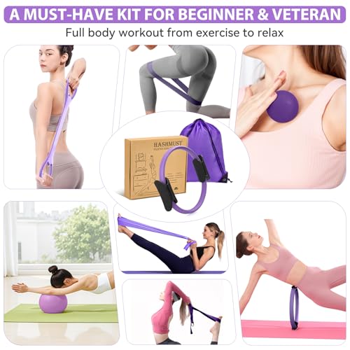 HASHMUST Pilates Ring Kit 12 PCS for Women, Home Workout Equipment with Magic Circle, Mini Exercise Ball, Resistance Bands, Massage Lacrosse, Yoga Strap, Full-Body Fitness Set for Toning & Gift