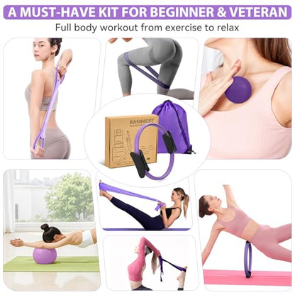 HASHMUST Pilates Ring Kit 12 PCS for Women, Home Workout Equipment with Magic Circle, Mini Exercise Ball, Resistance Bands, Massage Lacrosse, Yoga Strap, Full-Body Fitness Set for Toning & Gift