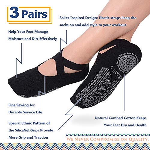 Ozaiic Pilates Socks for Women Non Slip Grip Yoga Barefoot Indoor Workout - color: 3 Pairs of Black
