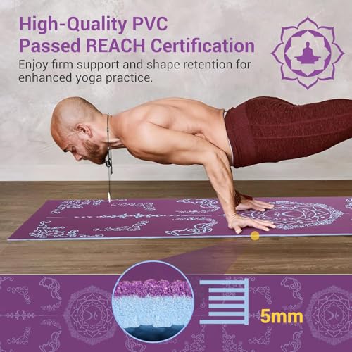 Avoalre Folding Yoga Mat, Eco-Friendly PVC Travel Yoga Mat Packable, Double Sided Non-Slip Printed Yoga Mats with Bag for Home Workout Gym Exercise Fitness Pilates Stretching (72" x 24" x 1/5" Thick) - color: Purple