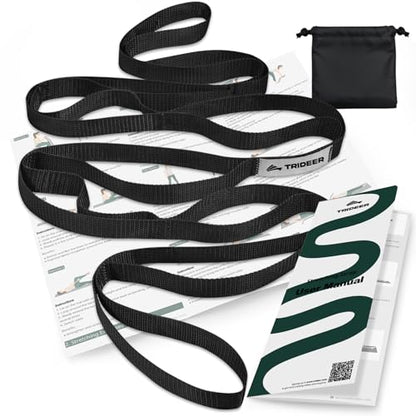 Trideer Stretching Strap with Loops & Leg Lifter, Non-Elastic PT-Style Physical Therapy Strap for Knee Replacement Rehab, Hamstring, Calf & Back Stretcher Mobility, Hip, Shoulder & Yoga