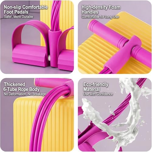 Multifunction 6-Tube Pedal Resistance Bands with Handles, Sit-up Puller, Yoga, Ab Workout, Home Gym Equipment, Full Body Exercise Trainer for Men & Women（Pink）