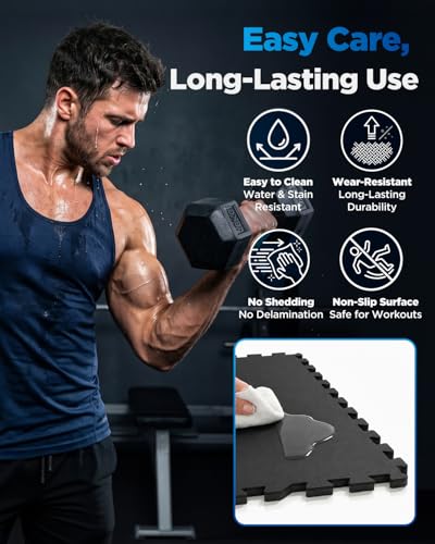 0.6'' Thicker 6 Tiles 24 Sq Ft Gym Flooring for Home Gym, Heavy Duty Interlocking Gym Mats, High Density EVA Foam Mats, Non-Slip Workout Mats, Exercise Mats for Home Workout, Black