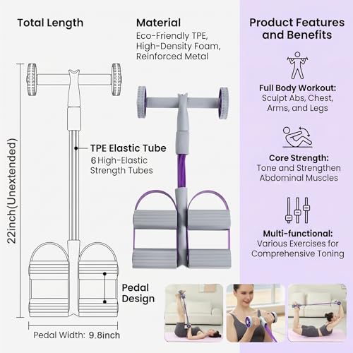 6-Tube Pedal Resistance Bands with Handles & Ab Roller, 2-in-1 Foot Pedal Puller, Home Gym Workout Equipment for Core Training, Full Body Exercise for Arm, Leg, Waist, Back