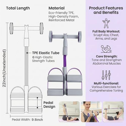 6-Tube Pedal Resistance Bands with Handles & Ab Roller, 2-in-1 Foot Pedal Puller, Home Gym Workout Equipment for Core Training, Full Body Exercise for Arm, Leg, Waist, Back