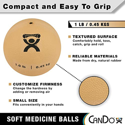 CanDo Soft Medicine Ball 5" Diameter 1lb Tan Exercise Ball for Physical Therapy and Fitness Exercises, Easy Grip Rubber Weighted Ball for Workouts - size: 1 Pound