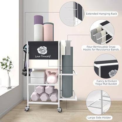 Multi-Functional Home Gym Storage Rack,All-in-One Weight Rack,Yoga Mat Foam Rollder Holder with Wheels and Side Holder - color: White