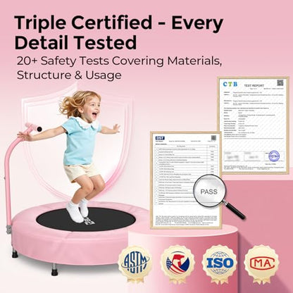 BCAN SP1 36'' Toddler Trampoline, ASTM Certified - Kids Trampoline for Ages 1-6, Foam Handle & Safe Thickened Cover, Mini Trampolines for Kids Indoor, Easy to Assemble| FED Fitness - color: Pink-Classic