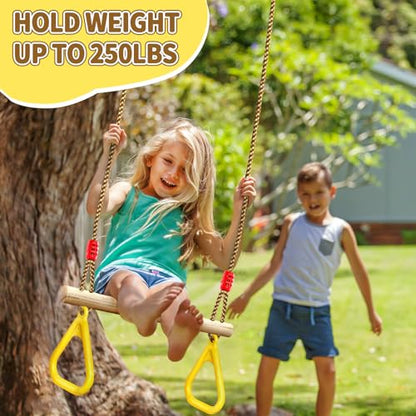LadyRosian Wooden Trapeze Swing Bar, Adjustable Height Swing Set, Gym Rings, Playground Attachments, 16.5" Monkey Bar for Backyard, Playground, Playroom - color: Yellow