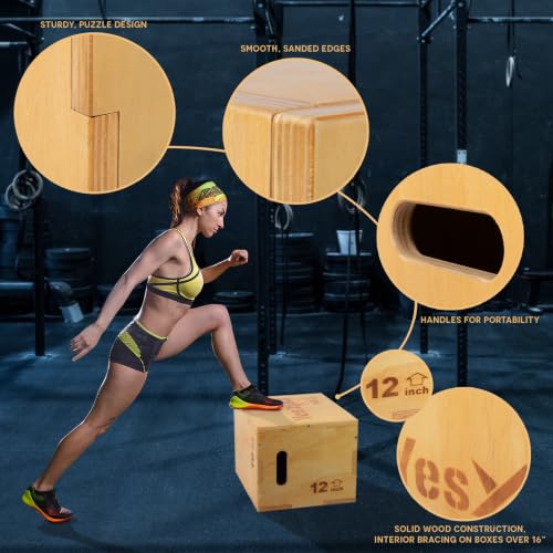 Yes4All Plyo Box, 3-in-1 Wooden Box Jump for Home Gym, Lunges, Squats, Dips - color: A. Wood Basic, style: 16" x 14" x 12"