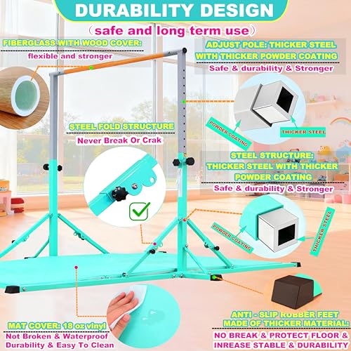 MARFULA Gymnastic Kip Bar for Kids Teens Ages 3-25 of All Gymnastic Levels - color: Teal (Bar with Mat - 8Ft Base)