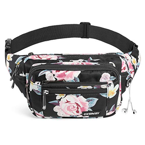 CXWMZY Fanny Packs For Women & Men Waist Pack Hip Bum Bag with Multi-Pockets Large Capacity Waterproof Casual Bum Bag for Disney Traveling Casual Cycling Running Hiking - color: Black_Flower