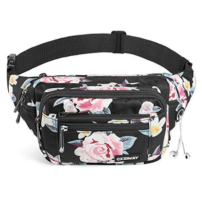 CXWMZY Fanny Packs For Women & Men Waist Pack Hip Bum Bag with Multi-Pockets Large Capacity Waterproof Casual Bum Bag for Disney Traveling Casual Cycling Running Hiking - color: Black_Flower