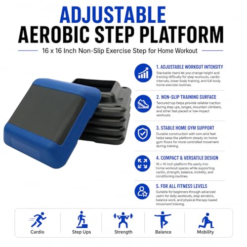 Gronk Fitness Aerobic Step Platform | Adjustable 16x16 Non-Slip | Includes risers, mini resistance band, supports cardio, strength, balance, mobility, home workouts