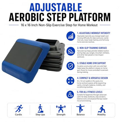 Gronk Fitness Aerobic Step Platform | Adjustable 16x16 Non-Slip | Includes risers, mini resistance band, supports cardio, strength, balance, mobility, home workouts