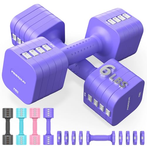 FEIERDUN DB3 5-in-1 Adjustable Dumbbell Set, 6LB/10LB Pair Adjustable Weights for Women at Home, Dual Locking Stable Hand Weights with TPU Soft Handle, Home Gym, Rehab, Pilates, Yoga, Strength Training - color: D-Vivid Purple, style: 6LBS Pair (12LBS Tota