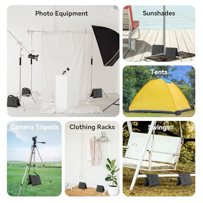 4 Pack Sandbags with 8 Bags & 4 Hooks, Heavy Duty Weight Bags for Stabilizing Stands, Photo Studio Equipment, Tripod, Backdrop Support, Canopy, Tent Base (Empty Sand Bags)