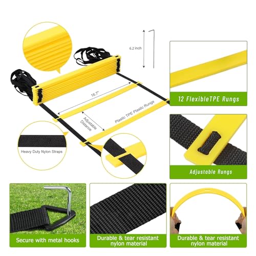 Agility Training Set for Soccer & Football - 20FT Speed Ladder, 12 Cones, and Training Aids for Kids Youth Sports Practice, Footwork Drill Kit