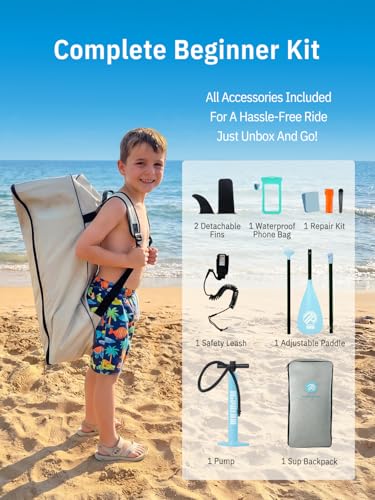 Niphean (Extra Large) Inflatable Paddle Board, SUP for 2+1 People/Family 500lbs Capacity Stand Up Paddle Board with SUP Accessories, StabilTrac Fin Non-Slip Paddleboard for Adults - color: Cyan Blue