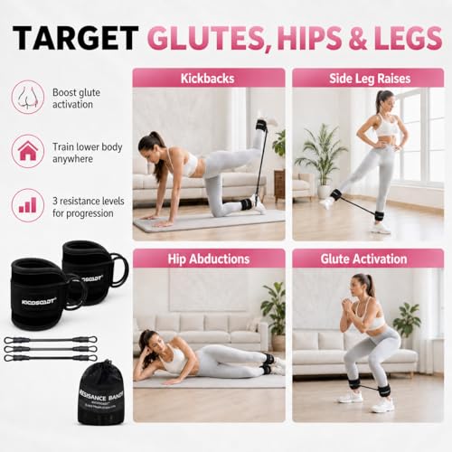 Ankle Resistance Bands with Cuffs, Natural Latex Tubes, 3 Levels for Leg and Glute Workouts, Padded Ankle Straps for Kickbacks, Hip Training and Home Gym Exercise for Women