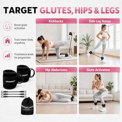 Ankle Resistance Bands with Cuffs, Natural Latex Tubes, 3 Levels for Leg and Glute Workouts, Padded Ankle Straps for Kickbacks, Hip Training and Home Gym Exercise for Women