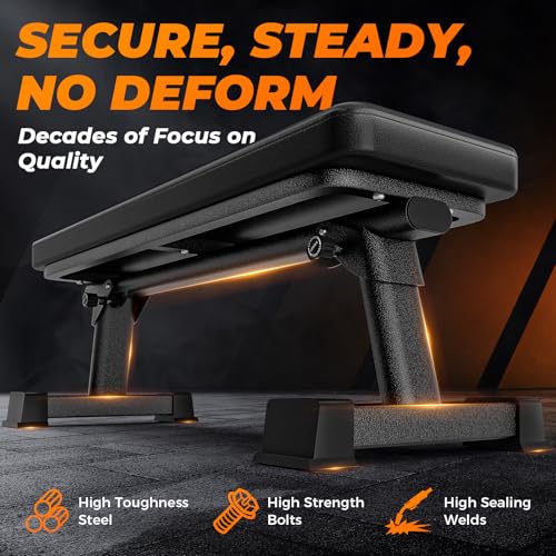 BODY RHYTHM Semi-Commercial Foldable Flat Bench for Multi-Purpose Weight Training and Ab Workout, Flat Weight Workout Exercise Bench with 1000lb Weight Capacity for Strength Training Bench Press, Suitable for Home and Gym.