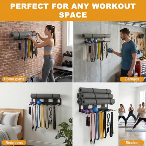 Wall Mounted Gym Equipment Storage for Resistance Bands, Yoga Mats, Jump Ropes & Weight Belts - Multi-Purpose Gym Equipment Storage Rack, Space-Saving Fitness Equipment Organizer