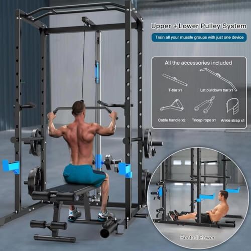 Power Cage, Multi-Functional Power Rack with J-Hooks, Dip Handles, Landmine Attachment and Optional Cable Pulley System for Home Gym - size: Power Cage with Pulley System