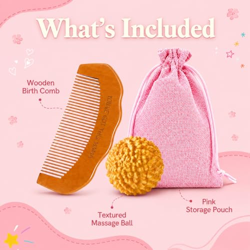 Birth Comb Acupressure Massage Ball Set - Wooden Labor Comb Natural Labor and Delivery Essentials, Mom to Be Gift, New Mom Gifts for Labor Pain Relief
