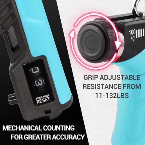 Hand Grip Strengthener - Adjustable Resistance 11-220Lbs Forearm Strength Trainer with Counting, Silicone Grip Ring & Hand Exercise for Quickly Increasing Wrist Forearm and Finger Strength Combo Set - color: Blue Combo Set