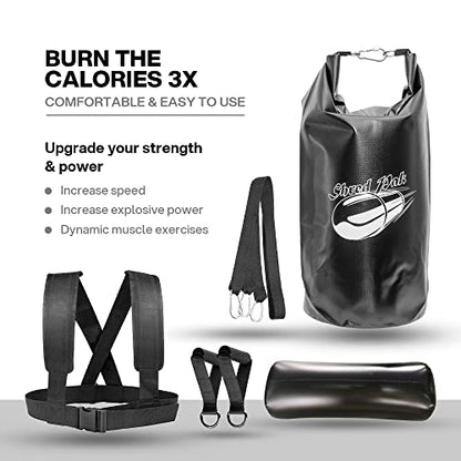 Resistance Training Sled - Weight Sled Harness & Handles - Extreme Workout for Athletes - Burn 3X The Calories - 4-Piece Kit for Gym, Home and, Outdoor - style: Weight Bag + Harness + Water Bladder