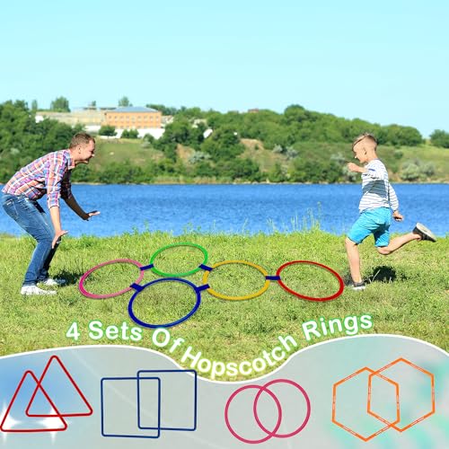 4 Set Hopscotch Ring Game with Connectors Obstacle Course Outdoor Indoor for Kids Fun Squares Round Triangular Hexagonal Agility Training Rings Playground for Girls Boys