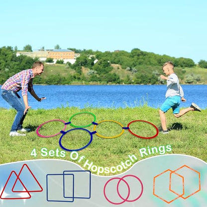 4 Set Hopscotch Ring Game with Connectors Obstacle Course Outdoor Indoor for Kids Fun Squares Round Triangular Hexagonal Agility Training Rings Playground for Girls Boys