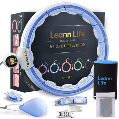 U5 Smart Weighted Hula Hoop with Counter, Waist Trimmer & Wash Bag –16 Knots, 28"–46" Adjustable Infinity Hoop Plus Size, Quiet Rubberized Wheels, Abdominal Toner - color: Blue + Waist Trimmer