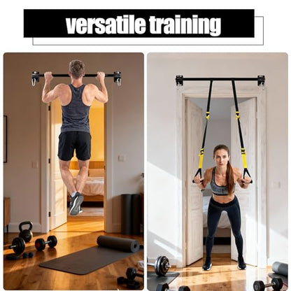 Wall Mounted Doorway Pull Up Bar, Carbon Steel Chin Up Bar and Pull Up Bar with Reinforced Steel Plate Support for Joists and Wall Studs, Strength Training Workouts（Black2-Hanging Ab Straps）