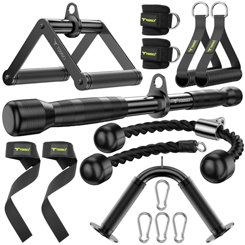 Cable Attachments for Gym, LAT Pulldown & Cable Machine Attachment Set: V-Shaped Bar, Rotating Straight Bar, V Rotation Handle, Nylon Tricep Rope, Ankle Straps & Handles, Home Gym