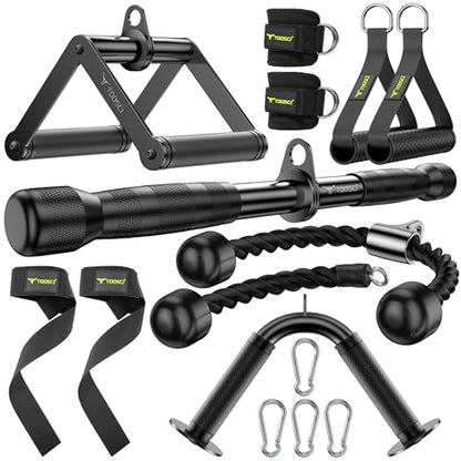 Cable Attachments for Gym, LAT Pulldown & Cable Machine Attachment Set: V-Shaped Bar, Rotating Straight Bar, V Rotation Handle, Nylon Tricep Rope, Ankle Straps & Handles, Home Gym
