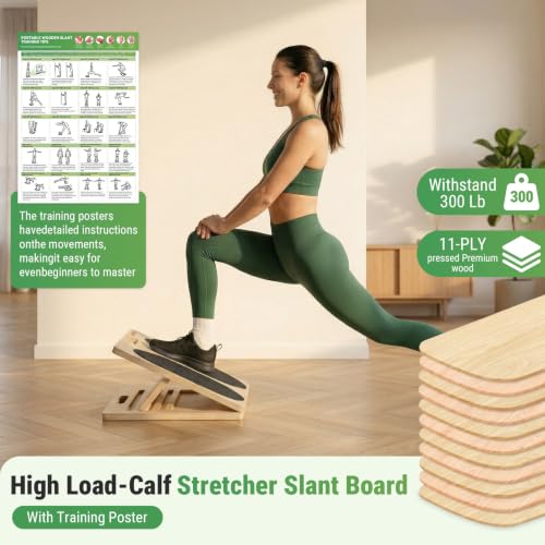 Wooden Slant Board, 2-in-1 Adjustable Calf Stretcher, 300lb