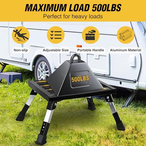 Nilight RV Steps Folding Aluminum Step Stool 16.5"x12" 4 Level Adjustable - color: Black, size: 16.5"x11.8"