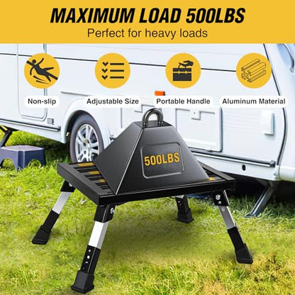 Nilight RV Steps Folding Aluminum Step Stool 16.5"x12" 4 Level Adjustable - color: Black, size: 16.5"x11.8"