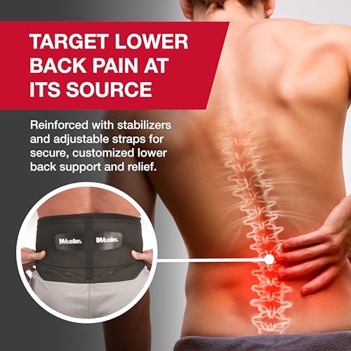 MUELLER Sports Medicine Adjustable Lumbar Back Brace, Lower Back Pain Relief and Support Belt for Men and Women, Black, One Size Fits Most