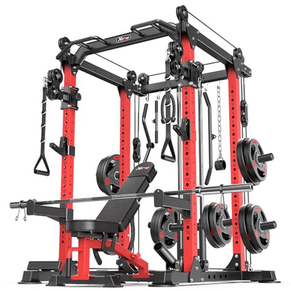 Power Cage Multi-Function Power Rack with Cable Crossover System,1500 LBS Capacity Squat Rack with Weight Bench,for Home Gym