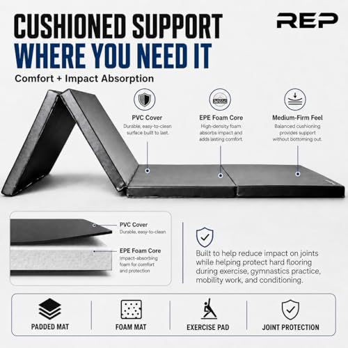 REP Fitness Folding Gym Mat, 4-Fold Design, Non-Slip Durable Exercise Mat for Home Workouts, Yoga, Tumbling, Stretching, and Floor Protection, Padded Gymnasium or Gymnastics Pad, 4’x8’, 2.5" Thick