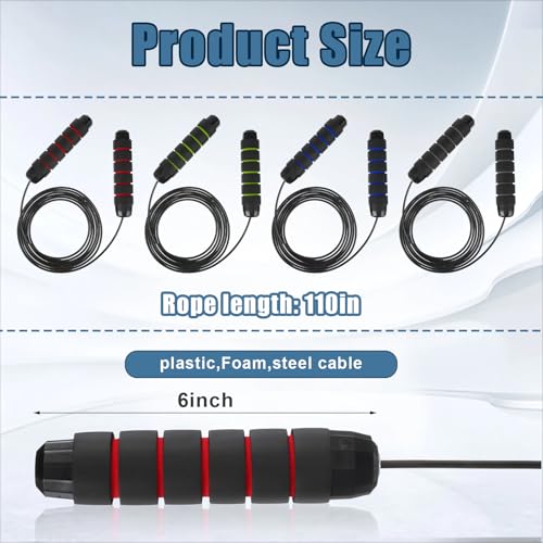12 Pieces Jump Ropes with Ball Bearings, Adjustable Speed Jumping Rope with Foam Handles for Fitness, Exercise, Cardio Training for Men and Women, Red, Green, Black, Blue