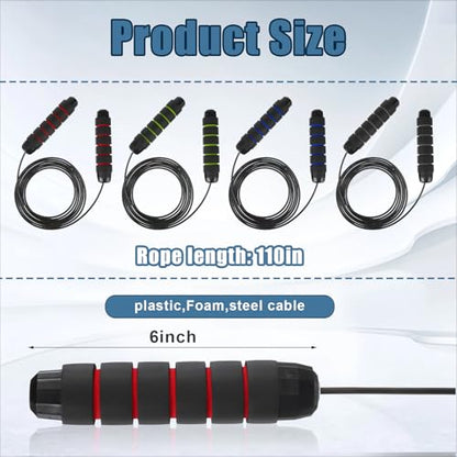 12 Pieces Jump Ropes with Ball Bearings, Adjustable Speed Jumping Rope with Foam Handles for Fitness, Exercise, Cardio Training for Men and Women, Red, Green, Black, Blue