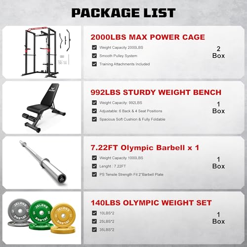 S11 Power Cage, 2000LB Multi-Function Power Rack with LAT Pulldown, Squat Rack with Adjustable Pulley System and Training Attachments, Weight Rack for Home Gym - style: 140LB Colored Weights Package