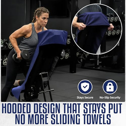 Hooded Microfiber Gym Towel – Highly Absorbent Car Seat Towel with Carry Bag – Double-Sided Sweat Towel, Reversible, Quick Dry & Sand-Resistant Fabric, Navy Blue, 130 x 60cm